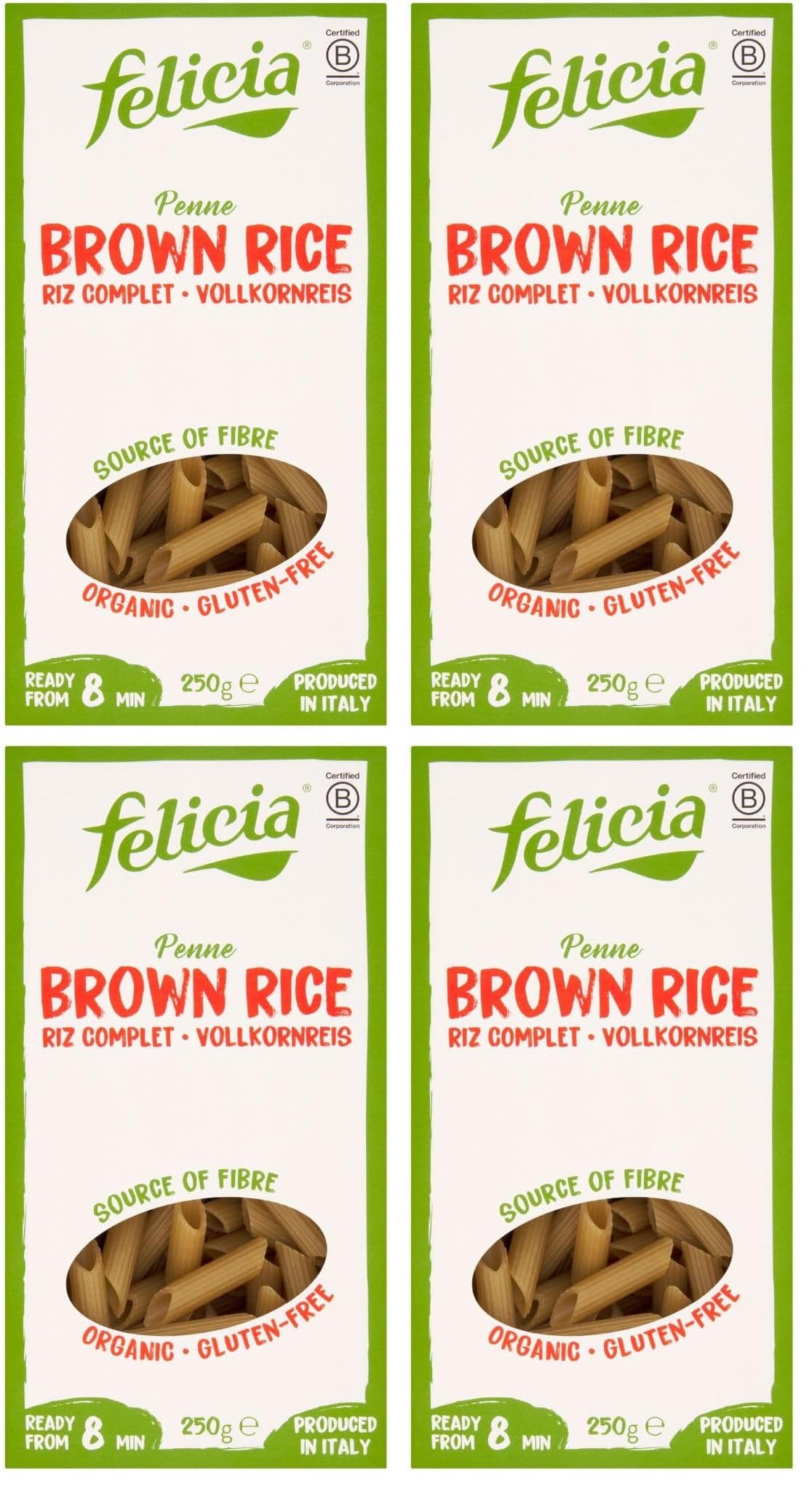 Felicia Organic Brown Rice Penne Pasta - Gluten-Free, Vegan | 250g (Pack of 4)