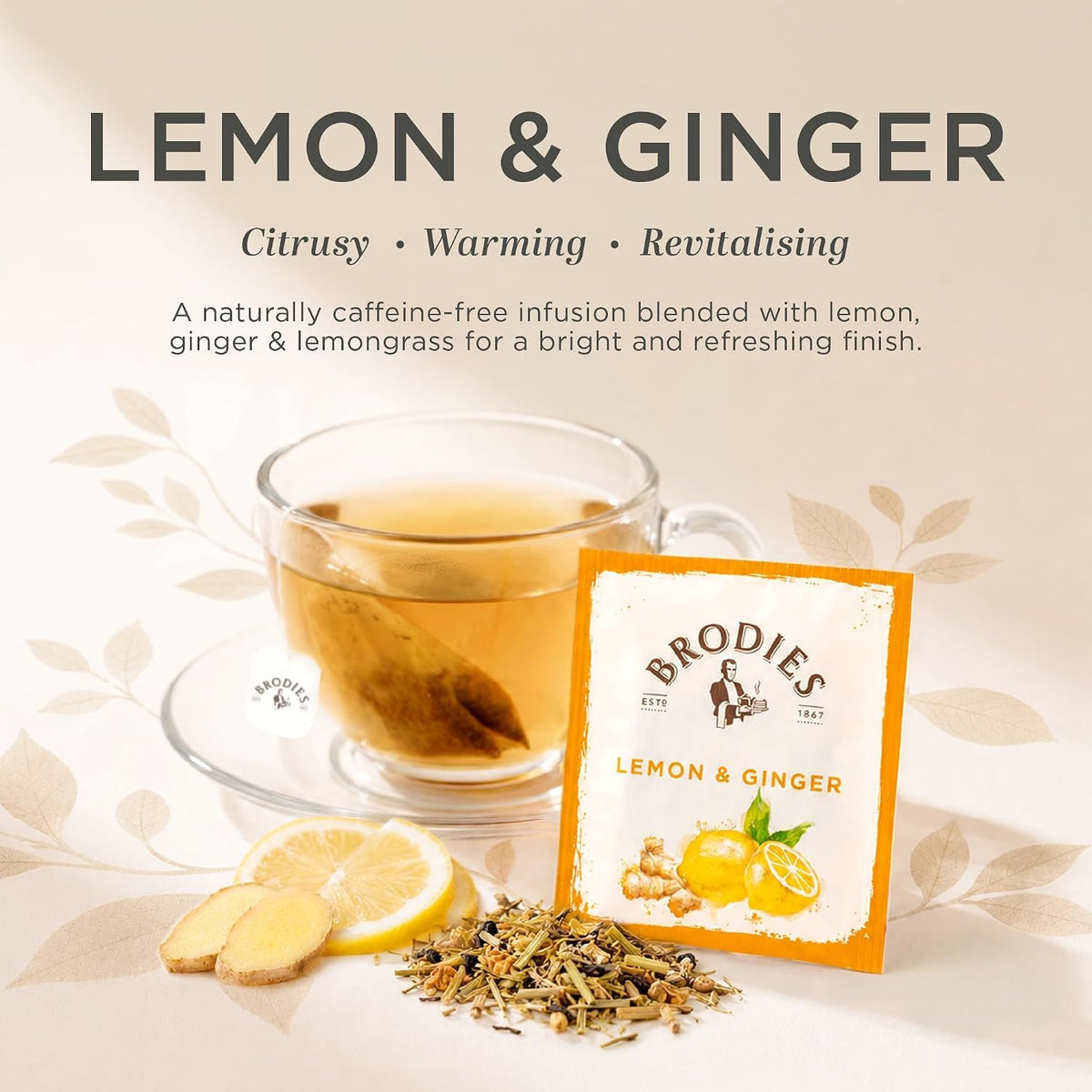 Brodies Lemon & Ginger Fruit Tea - Caffeine Free, 120 Tea Bags (6 Boxes of 20)