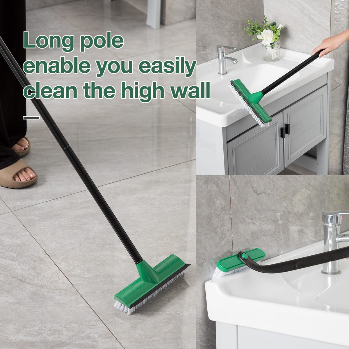 Eyliden Bathroom Cleaning Brush - 2 Pack with Long Adjustable Handle & Scraper | Green