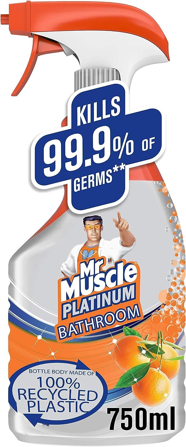 Mr Muscle Platinum Bathroom Cleaner - 100% Soap Scum Removal, Antibacterial, Mandarin Scent, 750ml