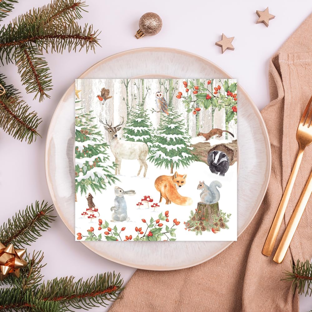Anniversary House Festive Woodland Luxury Christmas Napkins - 3-Ply, 33cm Lunch Size | Pack of 20 3