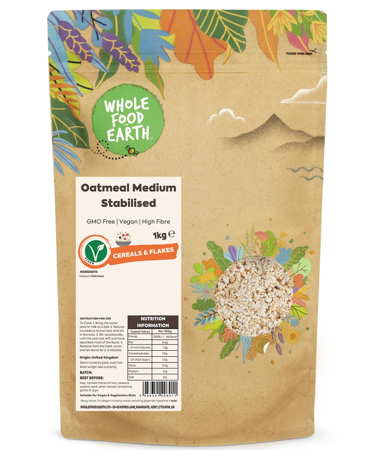 Wholefood Earth Oatmeal Medium Ground Wholegrain Oats - 1kg 1