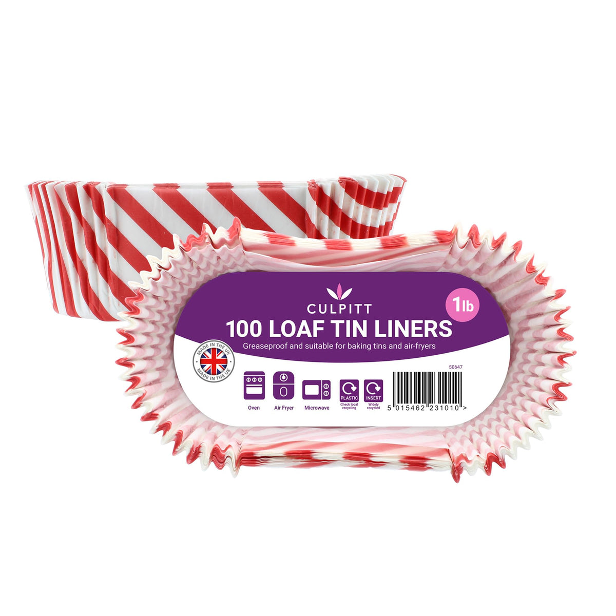 Culpitt 1lb Loaf Tin Liners - Red Stripe | 100 Pack | Greaseproof Baking Paper