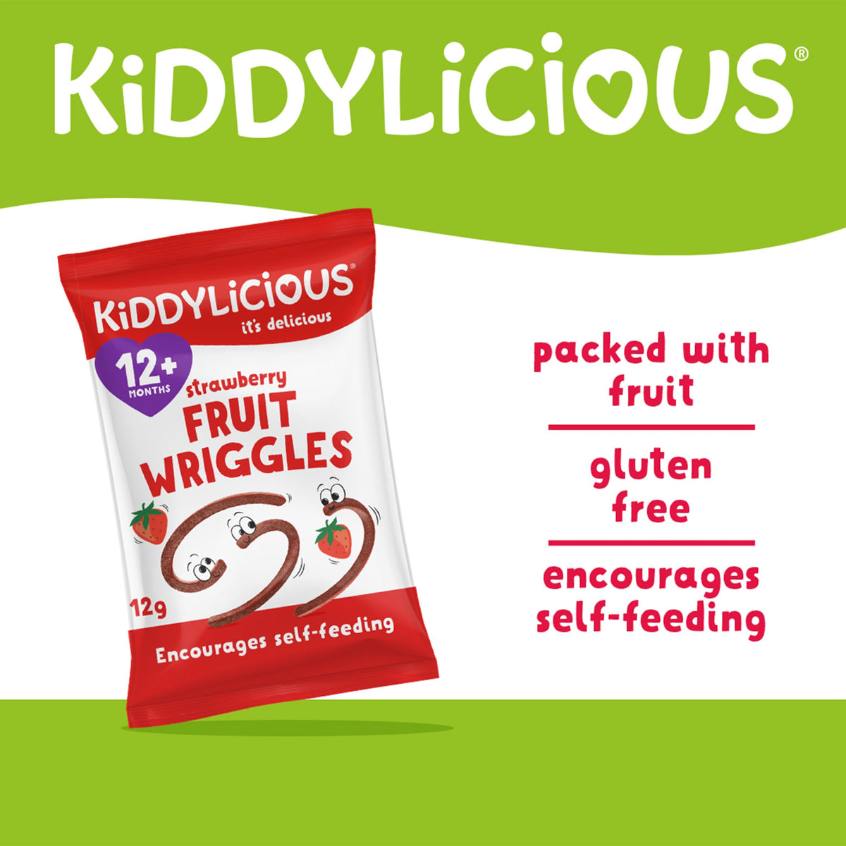 Kiddylicious Strawberry Wriggles - Real Fruit Snack | 12 Months+ | Gluten Free | 18 Count