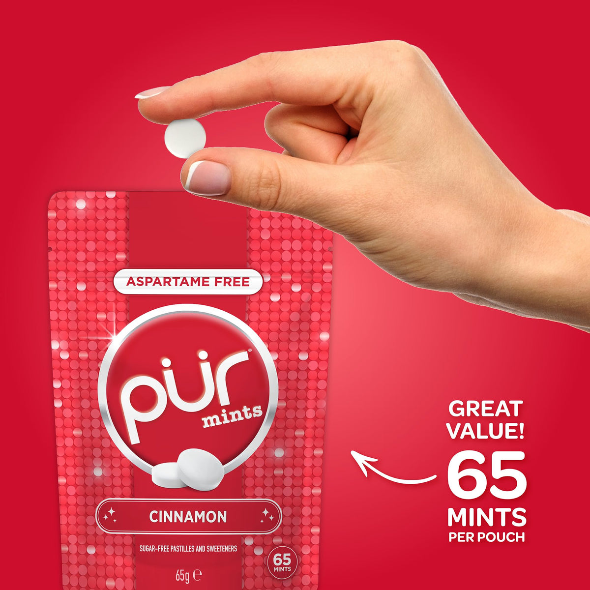 PUR Mints Cinnamon Sugar Free Breath Mints - 65 Count Pouch, Xylitol Sweetened