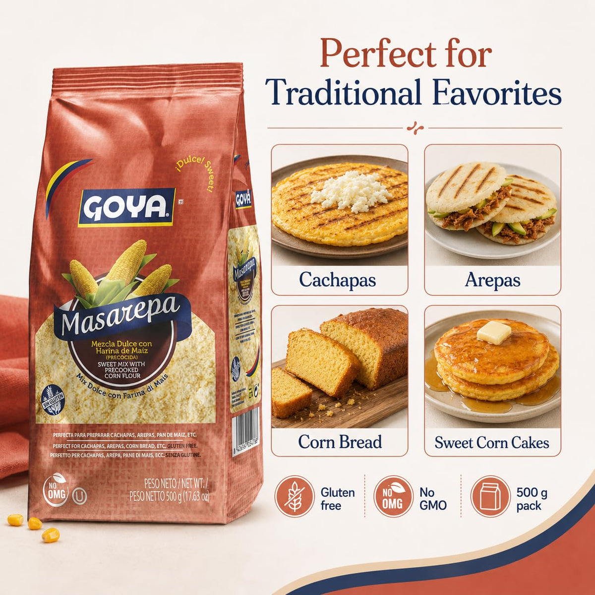 Goya Masarepa Sweet Mix with Precooked Corn Flour - Gluten Free | 500g Pack 3