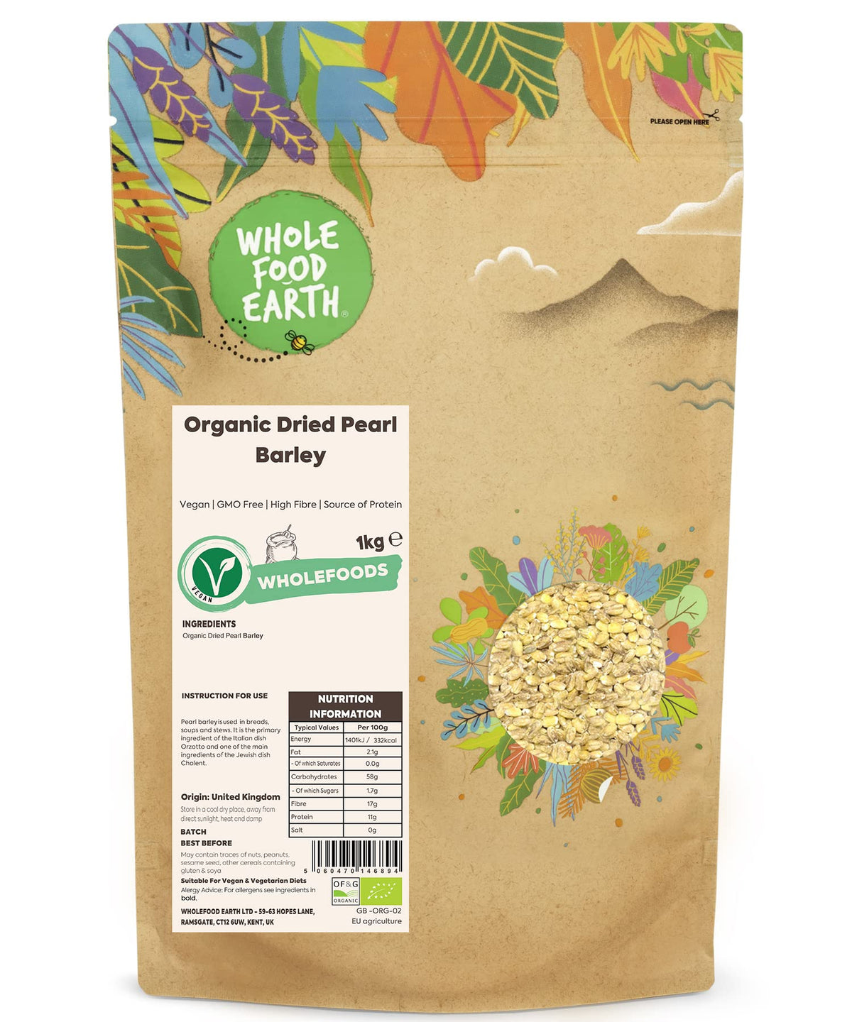 Wholefood Earth Organic Dried Pearl Barley - 1kg Bag | High Fibre | Vegan