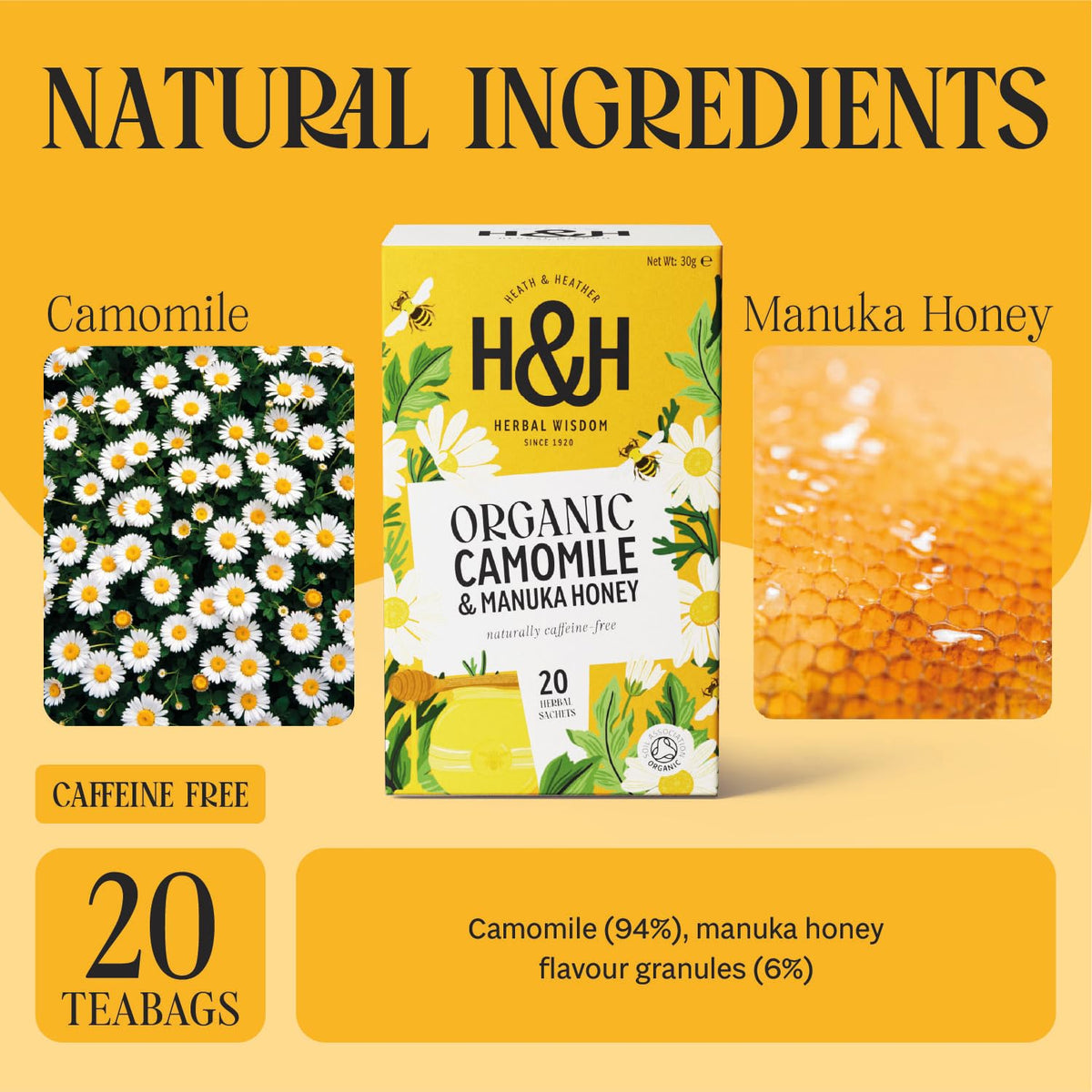 Heath & Heather Organic Camomile with Manuka Honey Herbal Tea - Promotes Relaxation | 20 Teabags | 40g