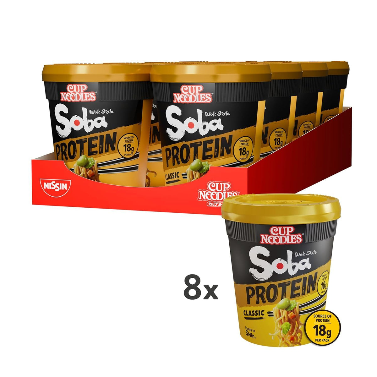 NISSIN Soba Protein Classic Instant Noodles - 18g Protein, 90g Pots (8-Pack)