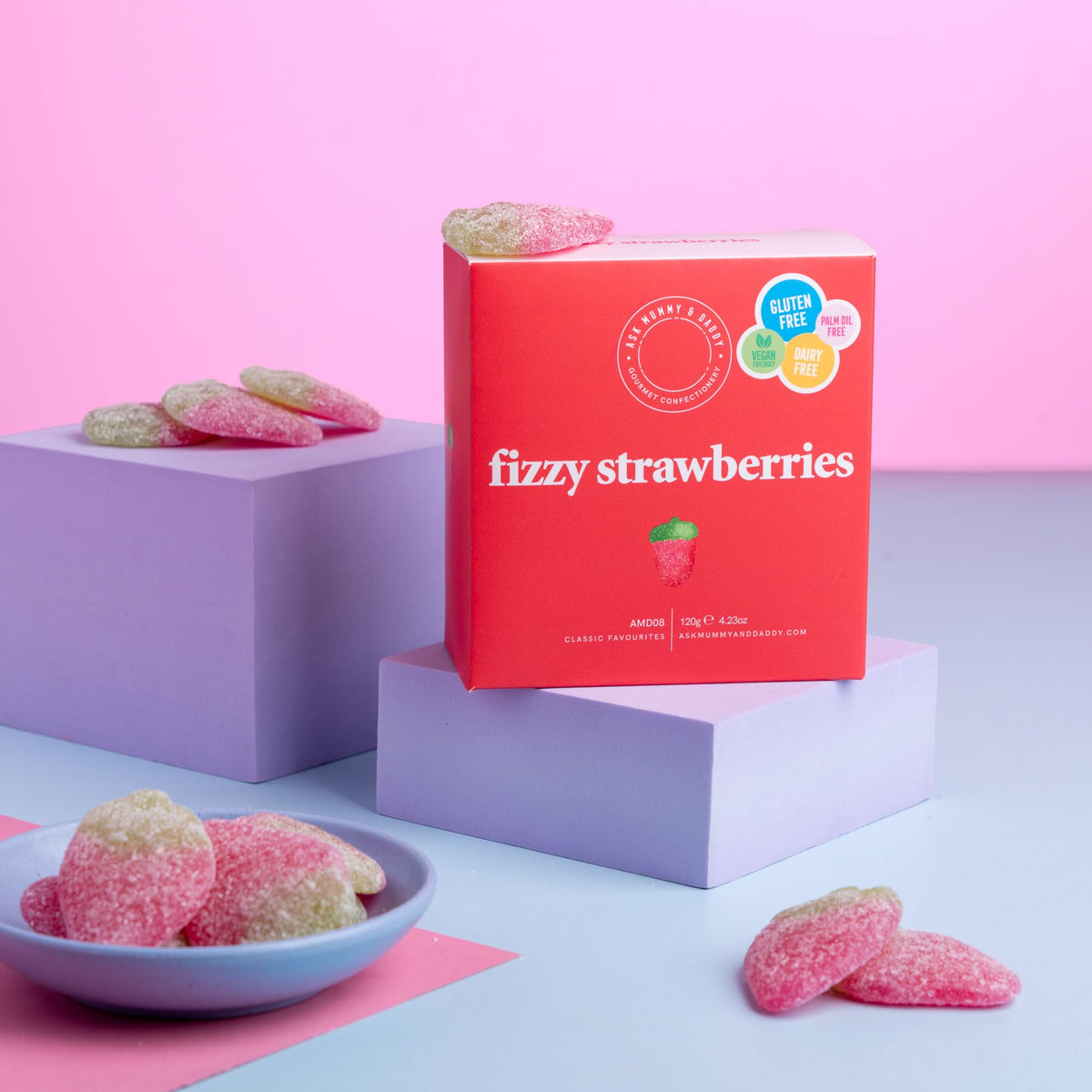 Ask Mummy & Daddy Fizzy Strawberries - 120g Box | Tangy & Sweet | Soft Chew