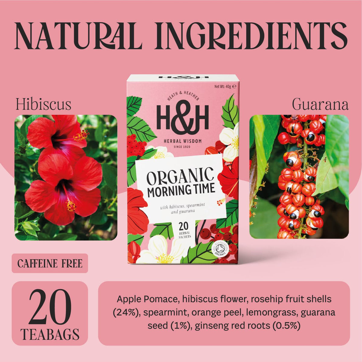 Heath & Heather Organic Morning Time Herbal Tea - Hibiscus, Spearmint & Guarana | 20 Count Teabags | Natural Energy