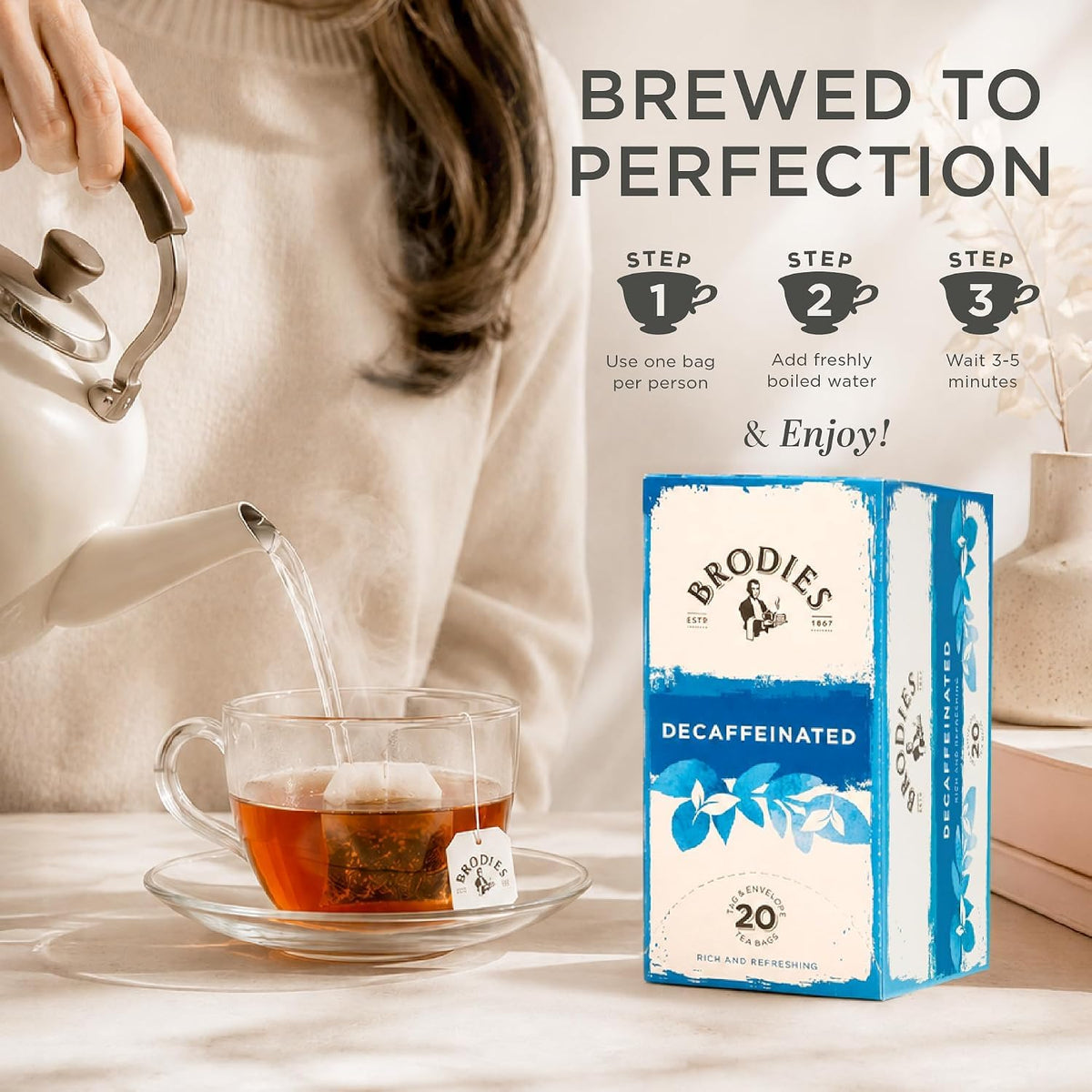 Brodies Decaffeinated Black Tea - Caffeine-Free, Mellow & Refreshing Taste | 120 Tea Bags (6 Boxes of 20) 4