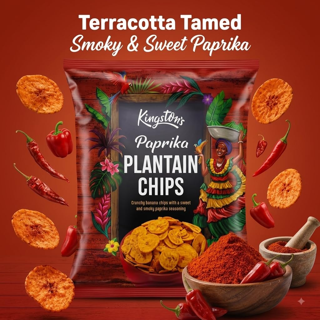 Kingston's Paprika Plantain Chips - Crispy Vegan Snack | 12 x 75g Multipack