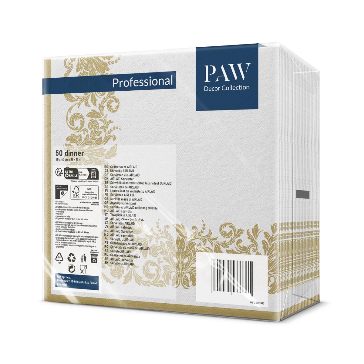 PAW Decor Collection Golden Ornament Napkins - 50 Pack, 40 x 40 cm Airlaid
