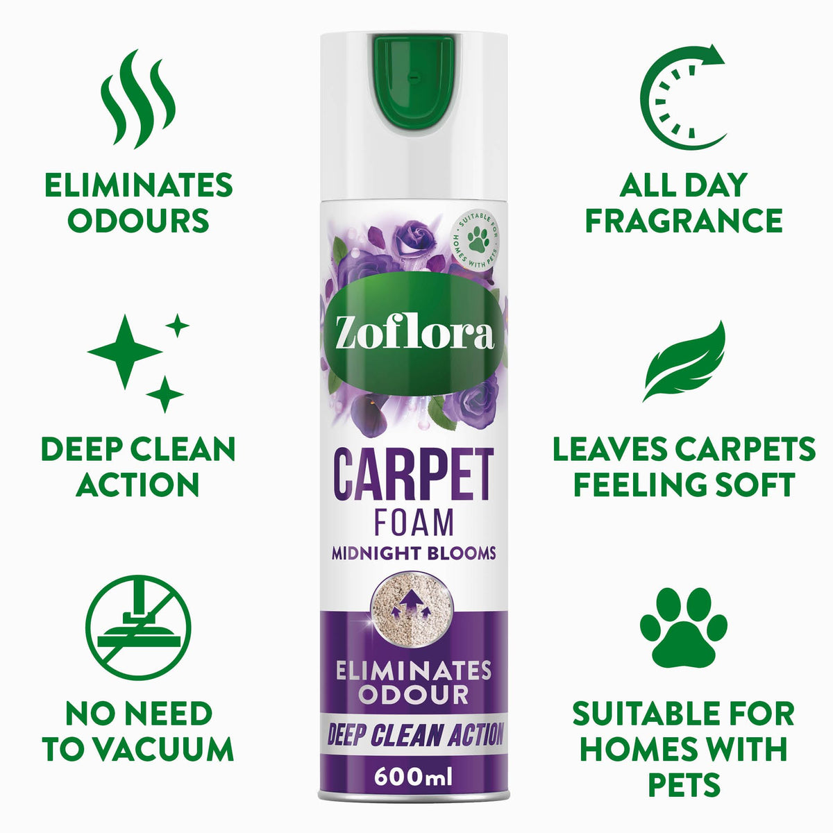 Zoflora Midnight Blooms Carpet Freshener & Care Foam - Eliminates Odours, No Vacuum Needed | 2 x 600ml 2