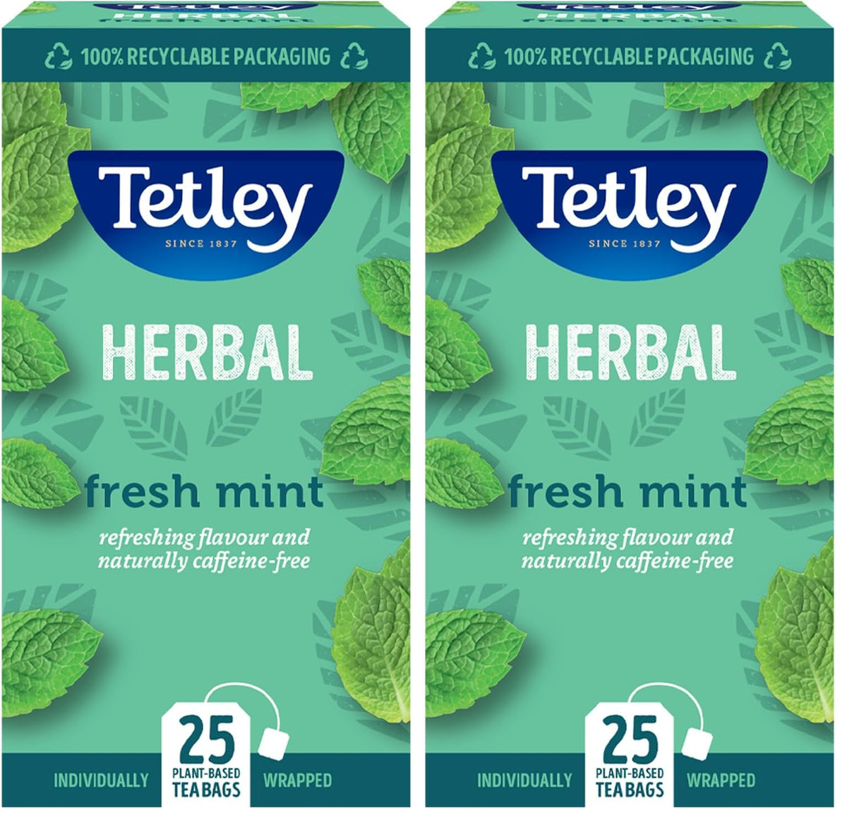 Tetley Fresh Mint Herbal Tea - Refreshing Peppermint & Spearmint Blend, Naturally Caffeine-Free, 25 Teabags (Pack of 2)