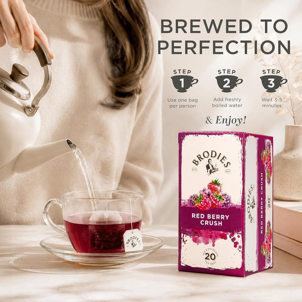 Brodies Red Berry Crush Fruit Tea - Caffeine-Free, 120 Tea Bags (6 Boxes of 20) 4