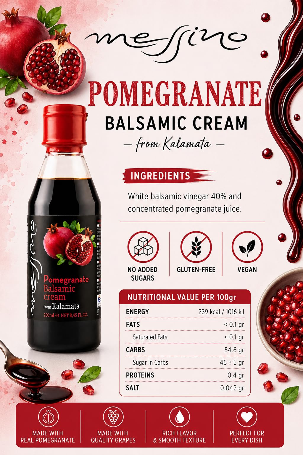 Messino Greek Pomegranate Balsamic Cream - 2 x 250ml Bottles (500ml Total)