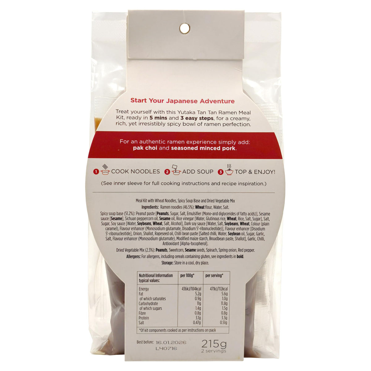 Yutaka Tan Tan Ramen Meal Kit - Spicy Sesame Noodles (215g Pack of 2)