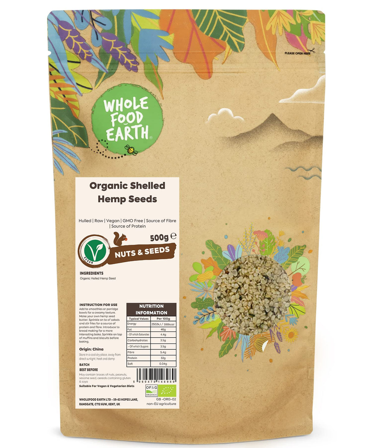 Wholefood Earth Organic Shelled Hemp Seeds - 500g | Raw | Hulled | Vegan