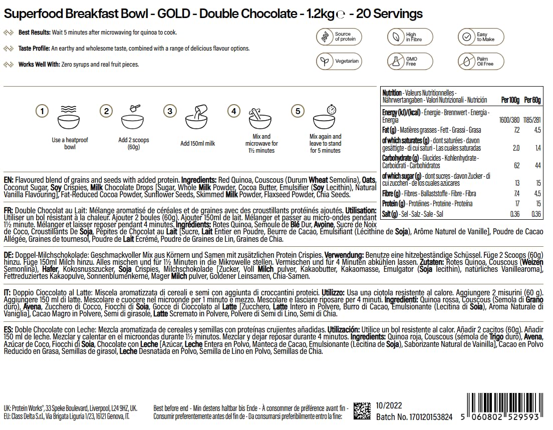 THE PROTEIN WORKS Superfood Breakfast Bowl - Double Chocolate | 1.2kg | High Protein 7