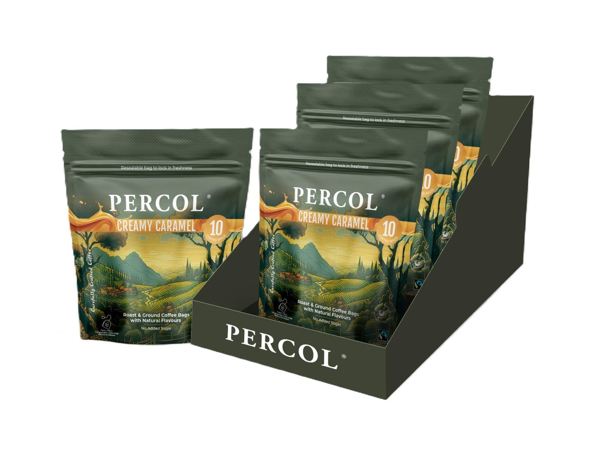 PERCOL Creamy Caramel Flavoured Ground Coffee Bags - 30 Cups | 240g Pack of 3
