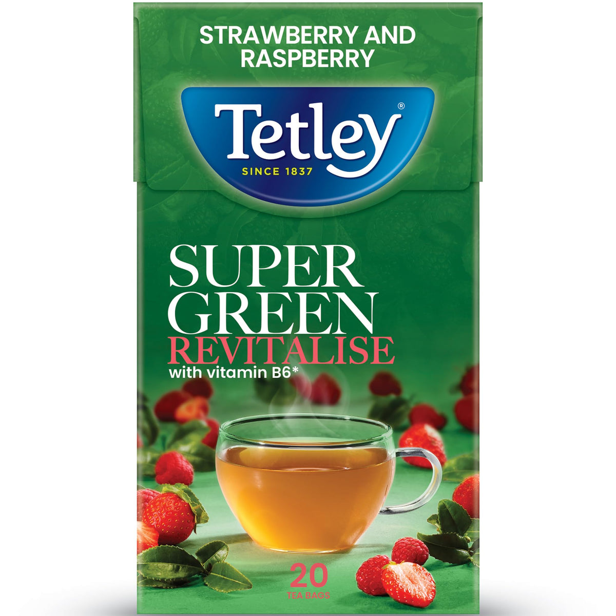 Tetley Super Green Tea Boost Strawberry & Raspberry Teabags - 20 Count, 50g 1