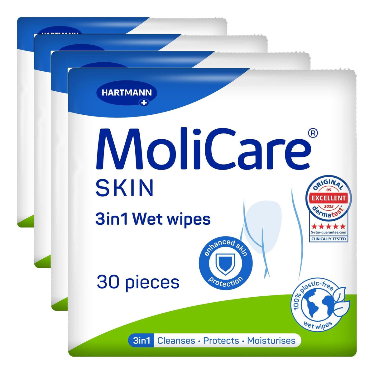 Molicare Skin 3in1 Wet Wipes - Cleanses, Moisturises & Protects Sensitive Skin | Pack of 4 (120 Wipes Total)