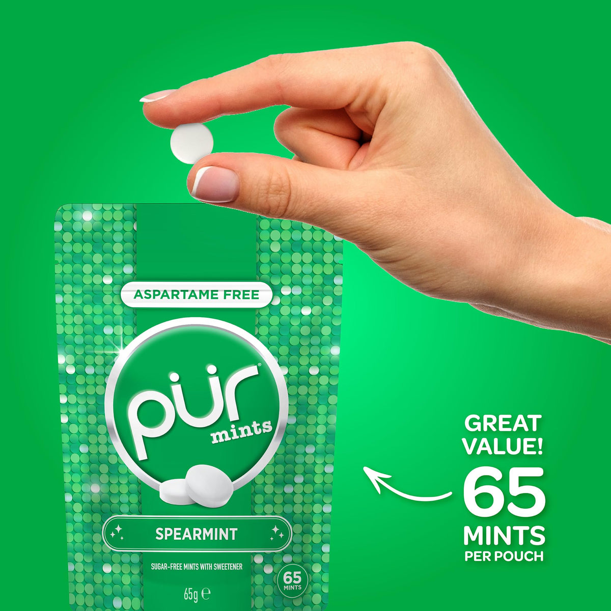PUR Mints Spearmint - Sugar Free, Aspartame Free, Made with Xylitol | 65 Count (Pack of 3)