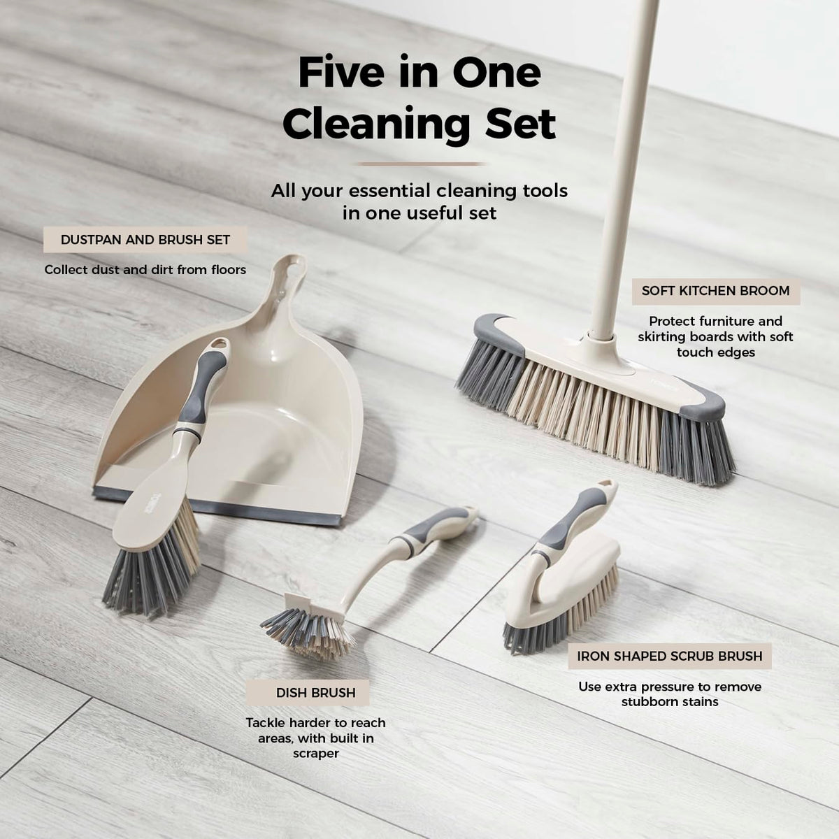 Tower 5-in-1 Cleaning Set - Dustpan & Brush, Broom, Dish Brush, Scrub Brush | 5 Pieces | Latte 3