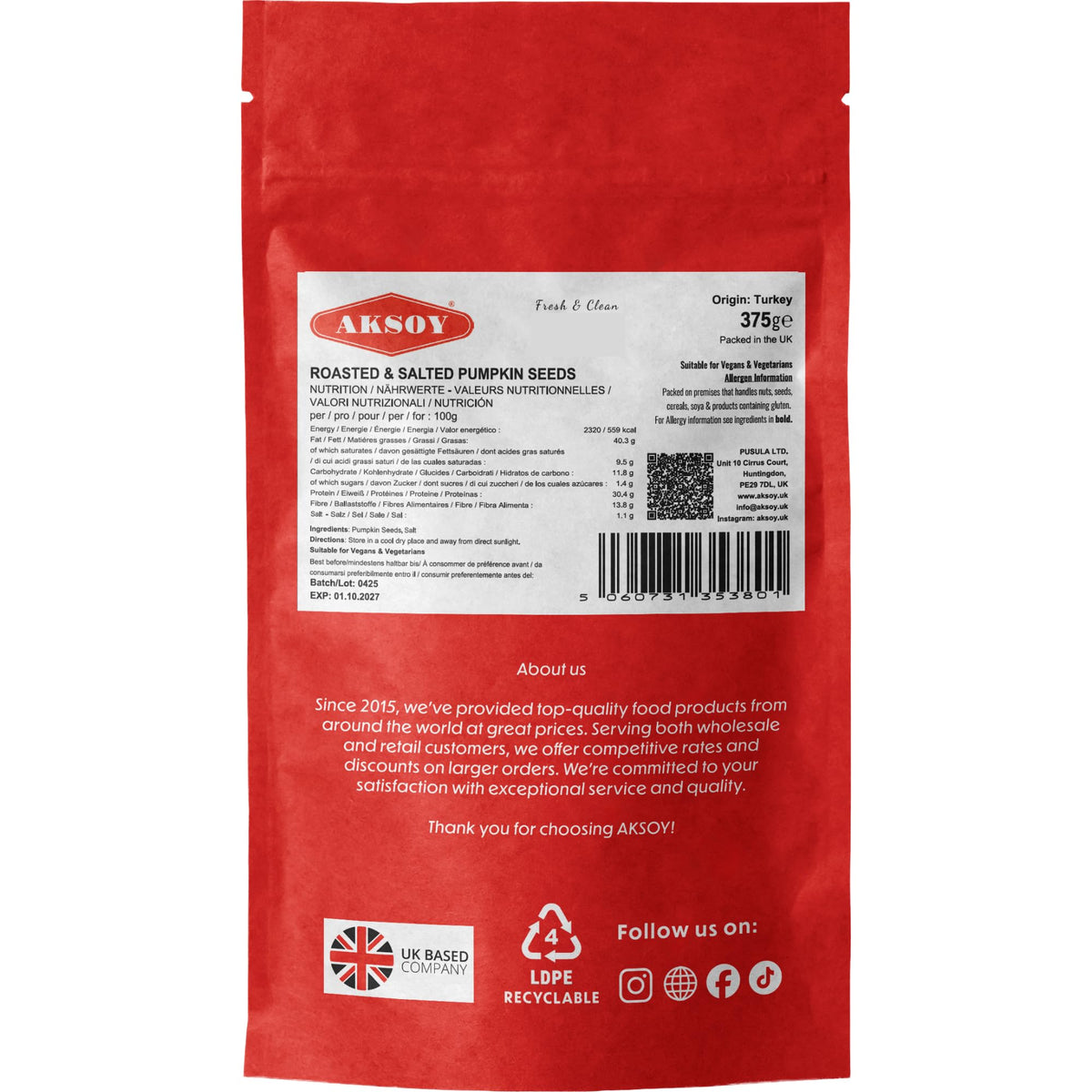 AKSOY Roasted and Lightly Salted Pumpkin Seeds - High in Fibre & Protein | 375g | Gluten-Free 4