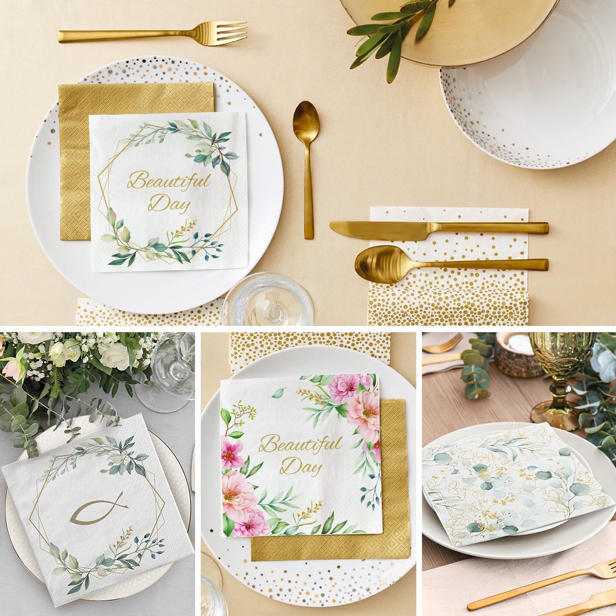 PAW Decor Collection Paper Napkins - Golden Eucaliptus Floral Pattern | 33 x 33 cm | 20 Pack 7