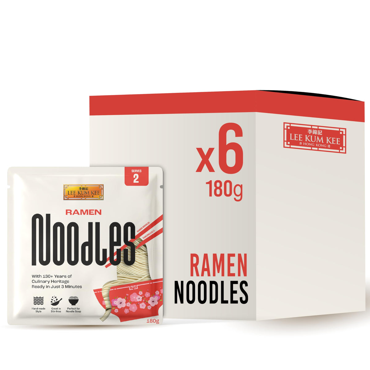 Lee Kum Kee Knife-Cut Ramen Noodles - Hearty Chewy Bite, Ready in 5 Minutes, Great Sauce Cling | 180 g (Pack of 6)