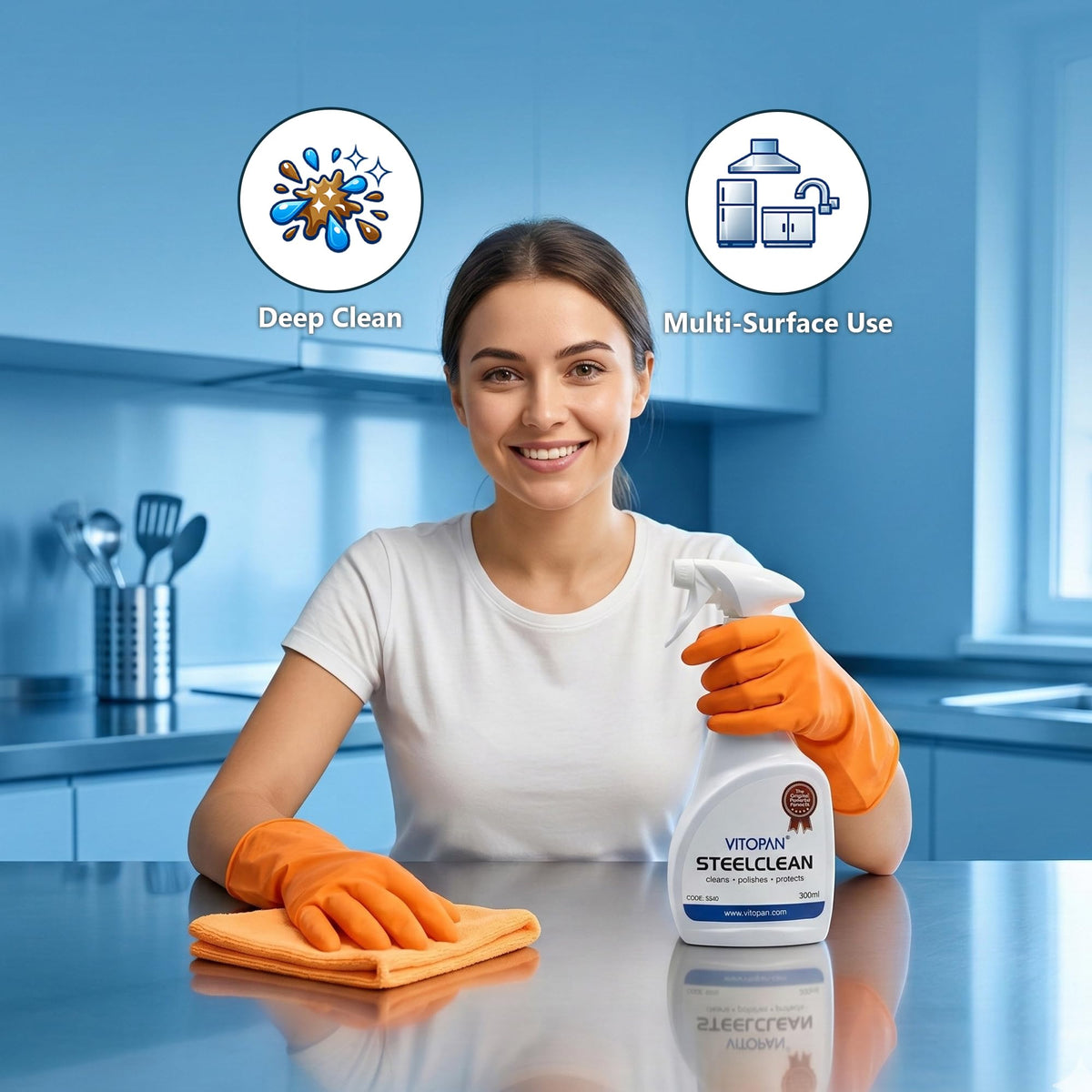Vitopan Steel Clean Kitchen Spray - Cleans, Polishes & Protects | 300ml 9