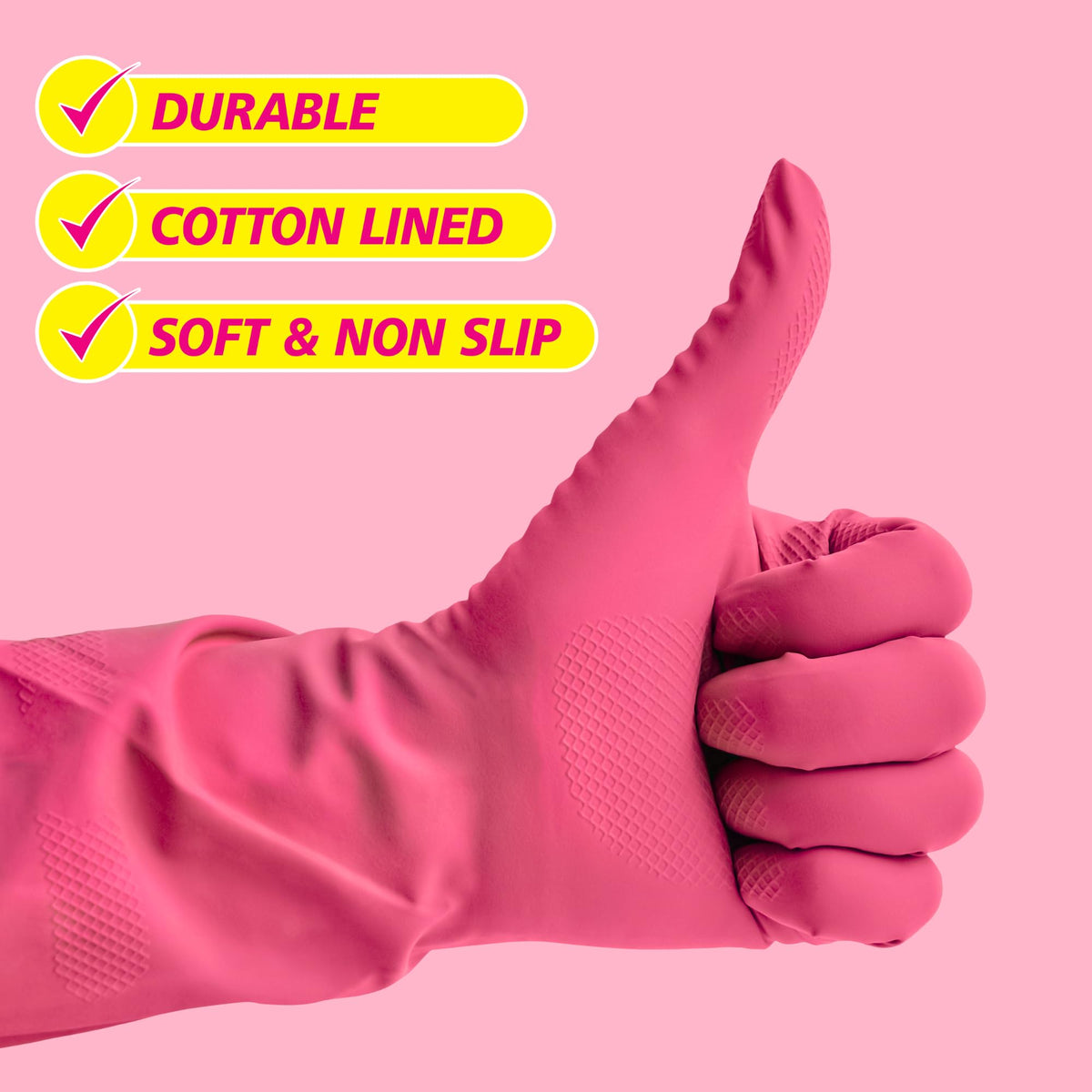 Elbow Grease Pink Rubber Cleaning Gloves - Super Strong, Cotton Lined, Non-Slip Grip, Size L (Pack of 2)