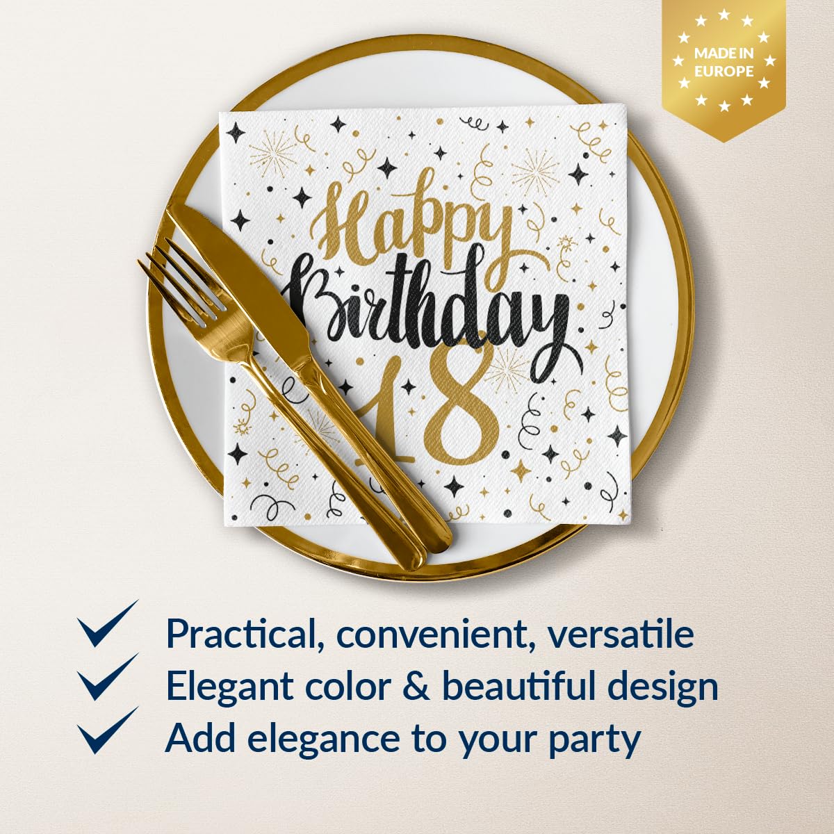 PAW Decor Collection Linen Feel Napkins - Gold Birthday 18 | 40 x 40 cm | 50 Pack