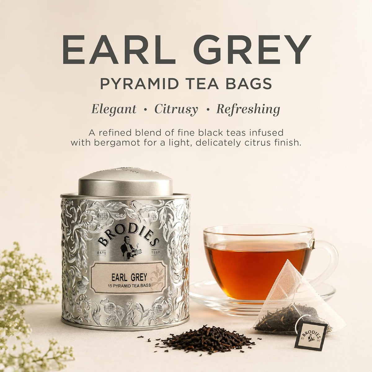 Brodies Earl Grey Pyramid Tea - 15 Count Caddy | Black Tea, Bergamot Oil, Cornflower Petals