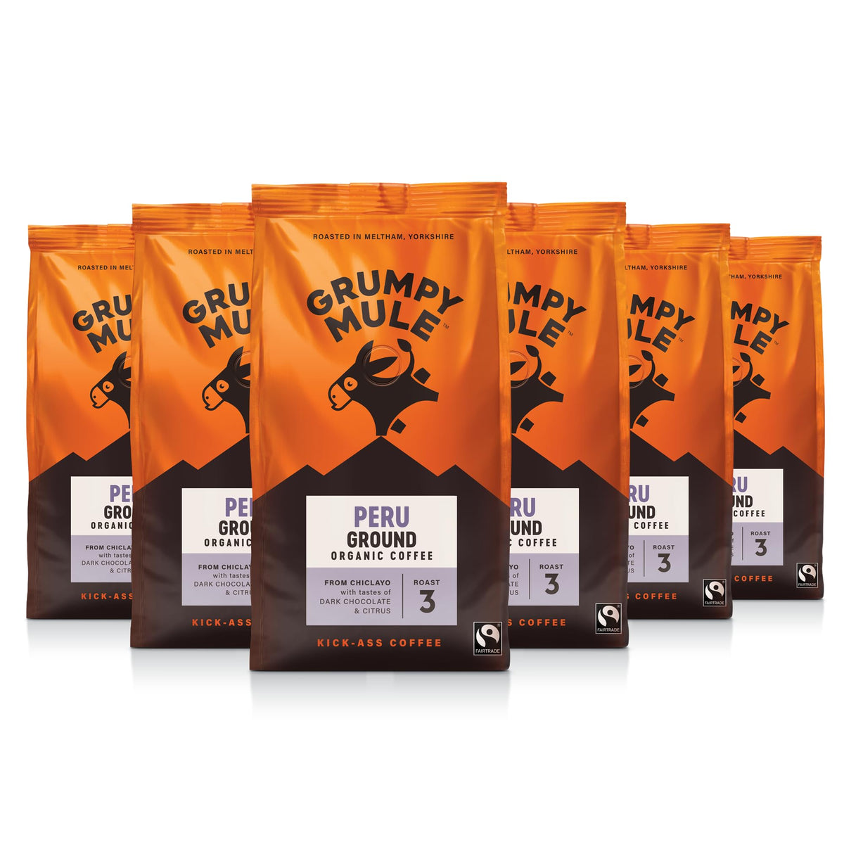 Grumpy Mule Peru Café Feminino Organic Ground Coffee - Dark Chocolate & Citrus Notes, Roast 4, Fairtrade Certified, 227g Pack of 6