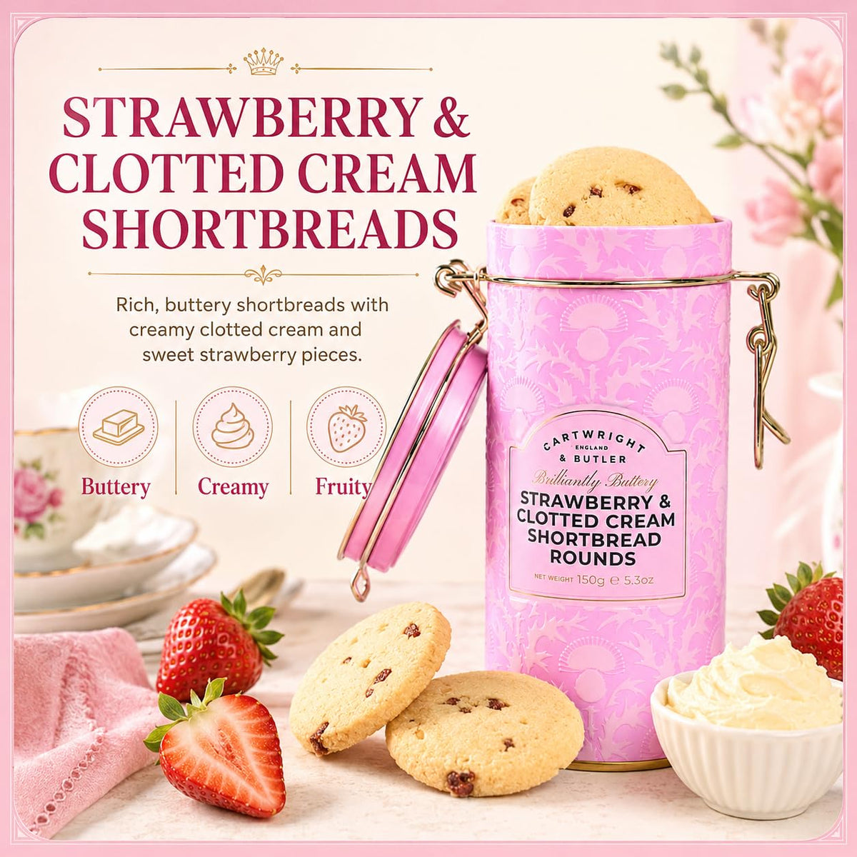 Cartwright & Butler Strawberry & Clotted Cream Shortbread Tin - 150g