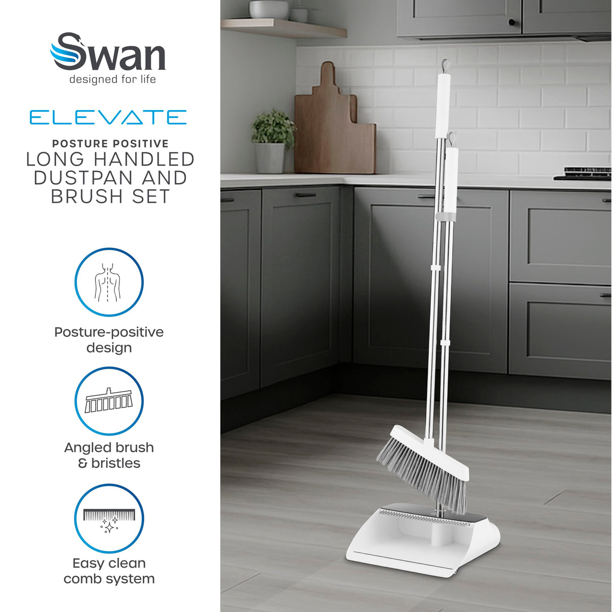 Swan Long Handled Dustpan and Brush Set - Posture-Positive Design | Angled Brush Head | White 2