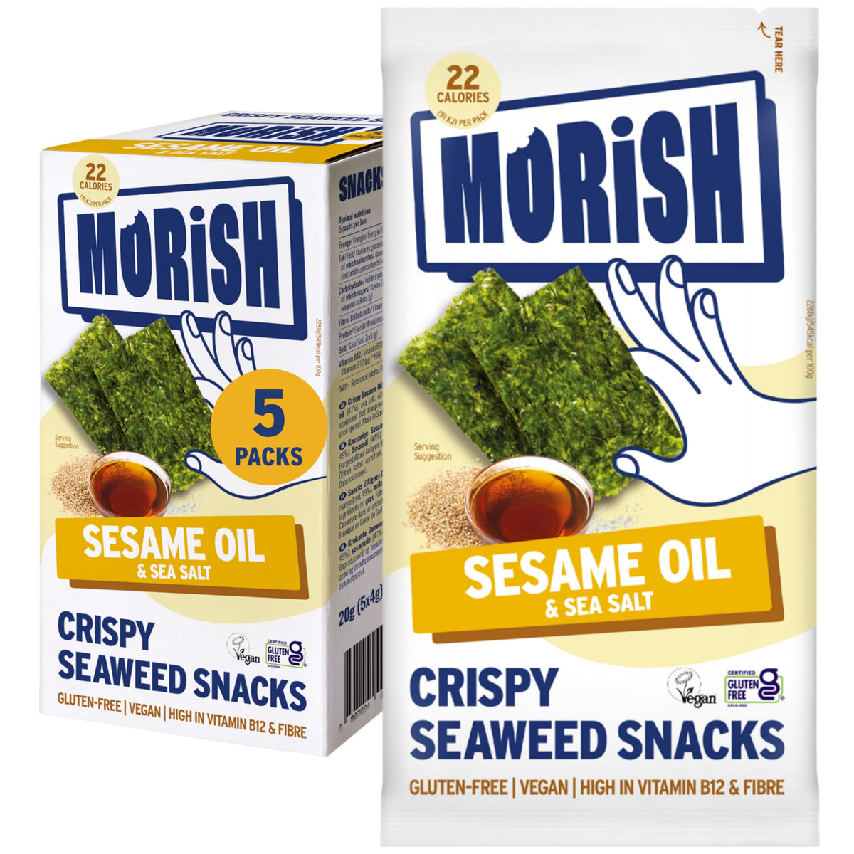 Morish Crispy Sesame Oil Seaweed Snacks - 5 Pack, 22 Calories Each