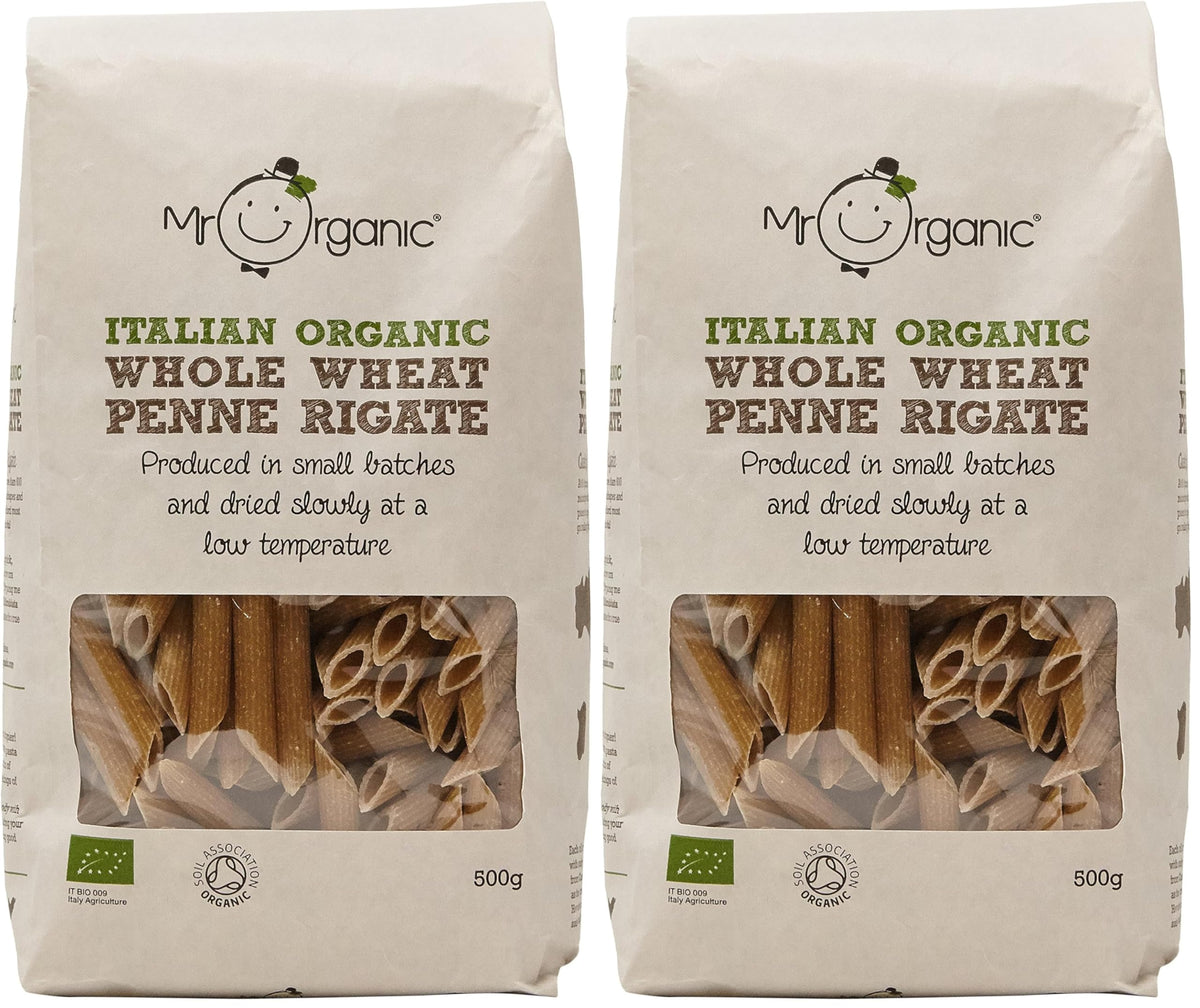 Mr Organic Whole Wheat Penne Pasta - 1kg (2 x 500g Packs) | Organic | Cooks in 10 Mins