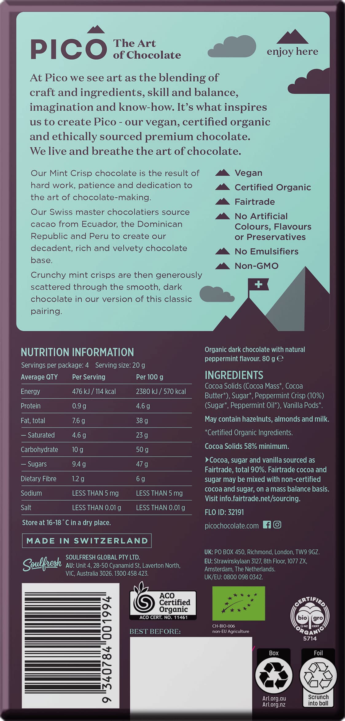SOULFRESH Pico Chocolate Mint Crisp & Dark Chocolate Vegan Bars - 58% Cocoa | Organic | 80g