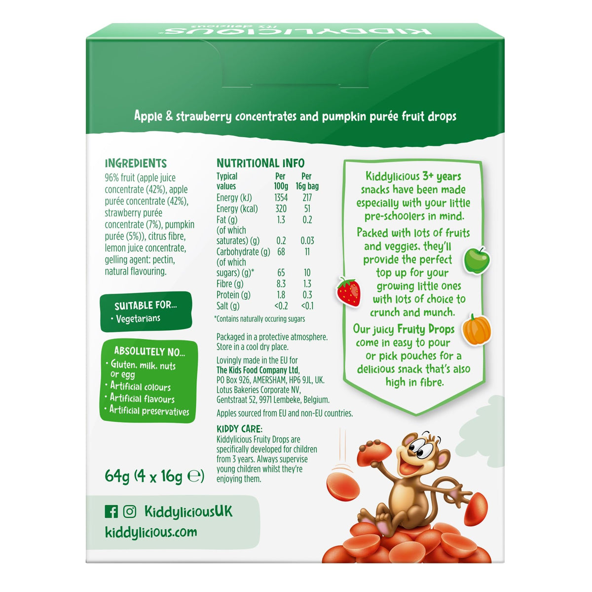 Kiddylicious Fruity Drops - Strawberry, Apple & Pumpkin - 28 x 16g Packs