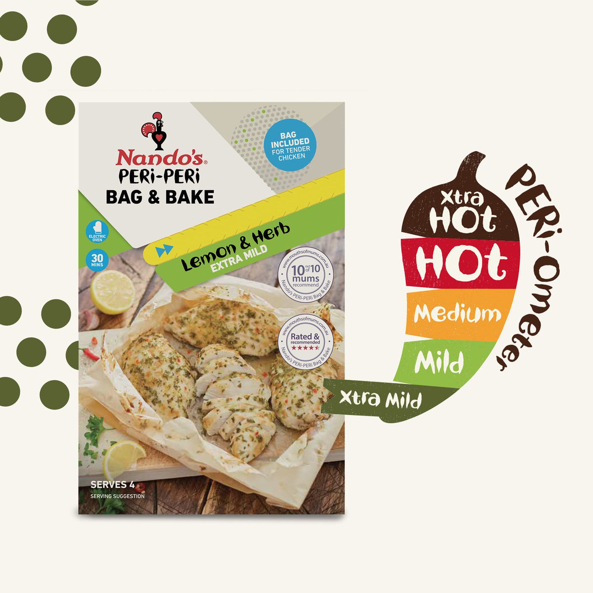 Nando's Peri-Peri Lemon & Herb Extra Mild Bag and Bake Seasoning - 20g (Pack of 4)
