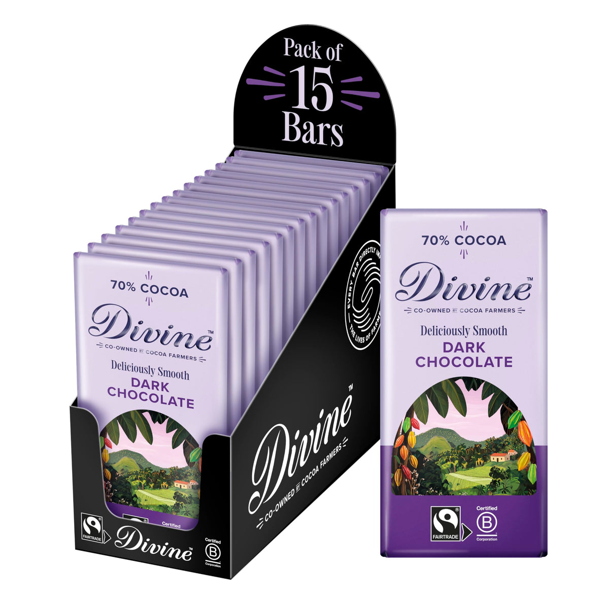 Divine 70% Cocoa Dark Chocolate Bars - 15 x 90g Bars | Fairtrade Certified | Made in Germany