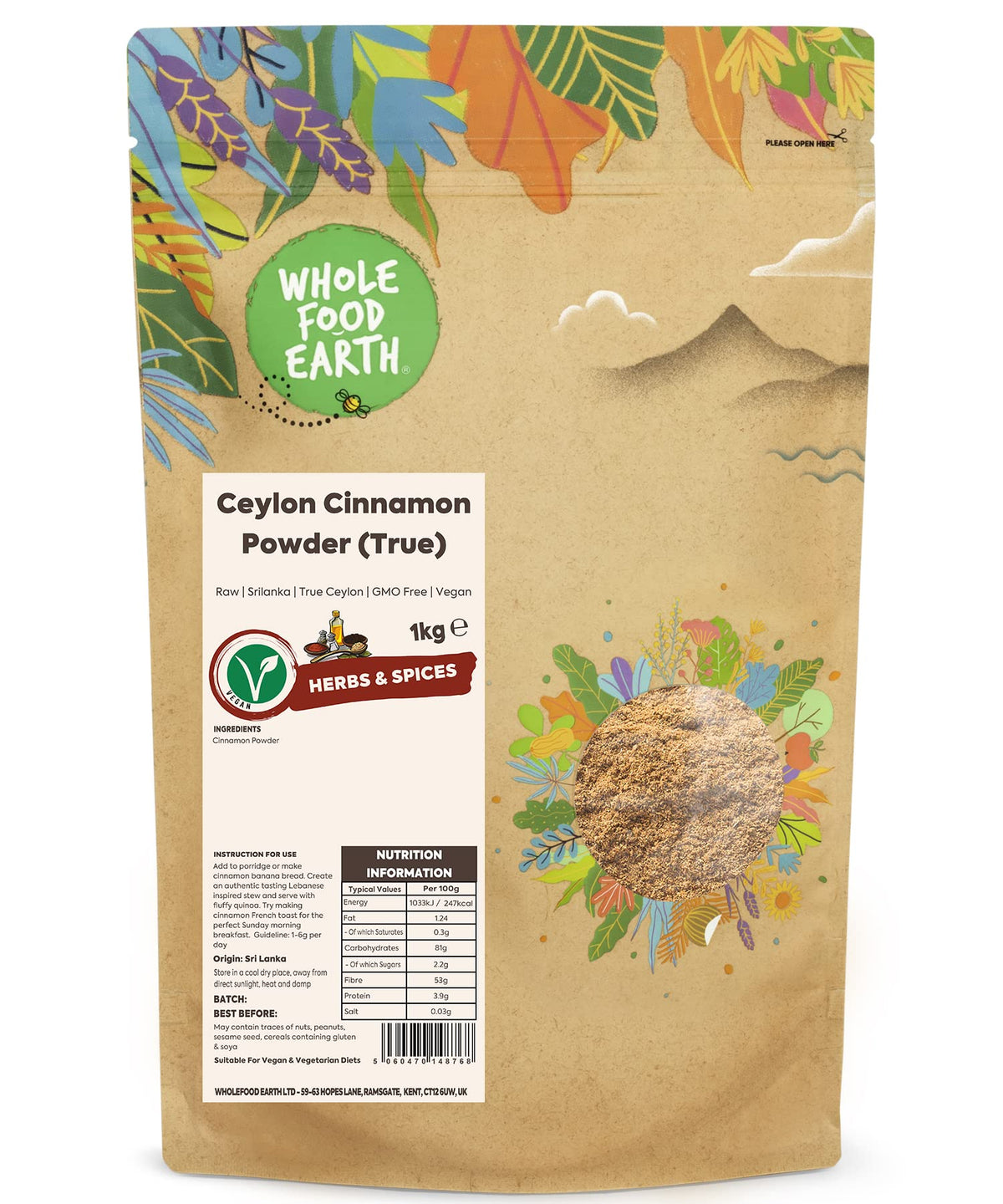Wholefood Earth Ceylon Cinnamon Powder - 1kg Bag | GMO Free | Sri Lankan Origin 1
