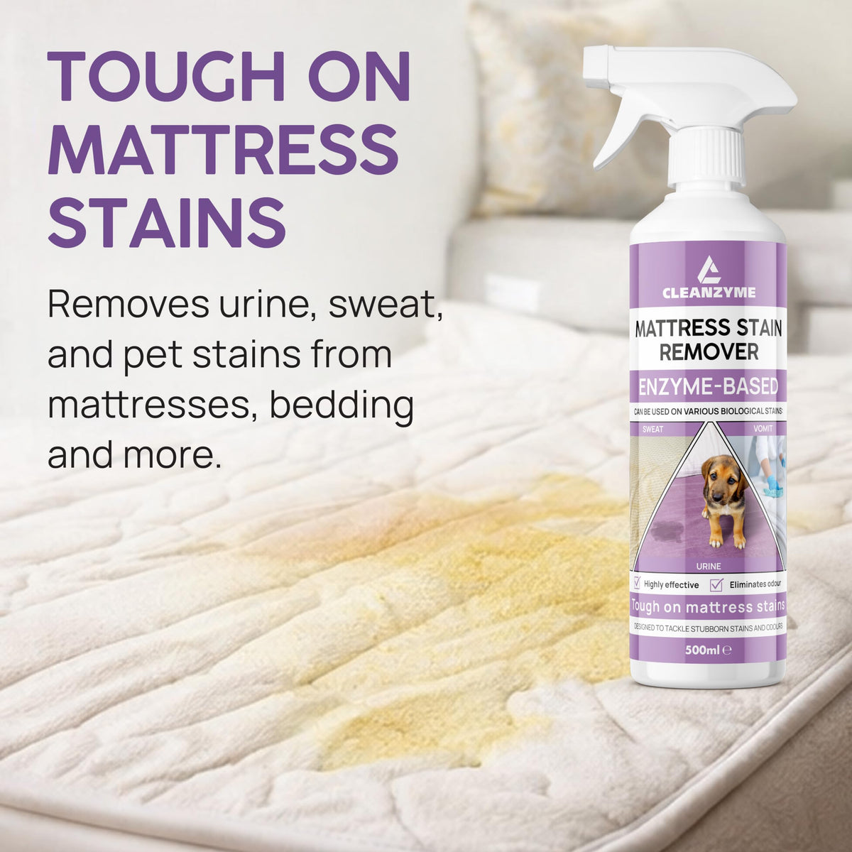 Cleanzyme Enzyme Mattress Stain Remover - 500ml Spray Bottle | Eliminates Urine & Odours | Safe for Mattresses, Upholstery & Carpets 4