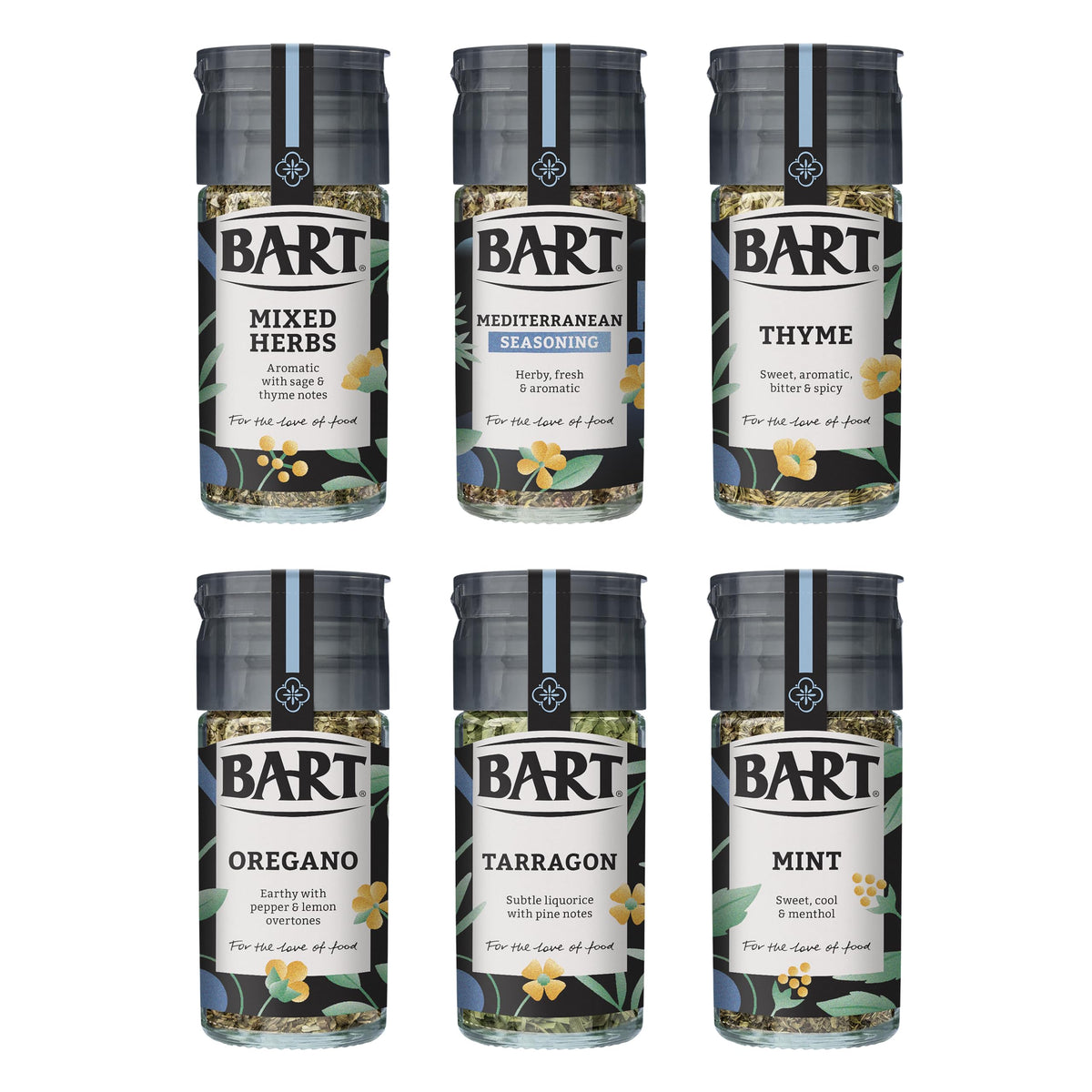 BART Mediterranean Herb & Spice Collection - Thyme, Oregano, Tarragon, Mixed Herbs, Mint, Mediterranean Seasoning (Pack of 6)
