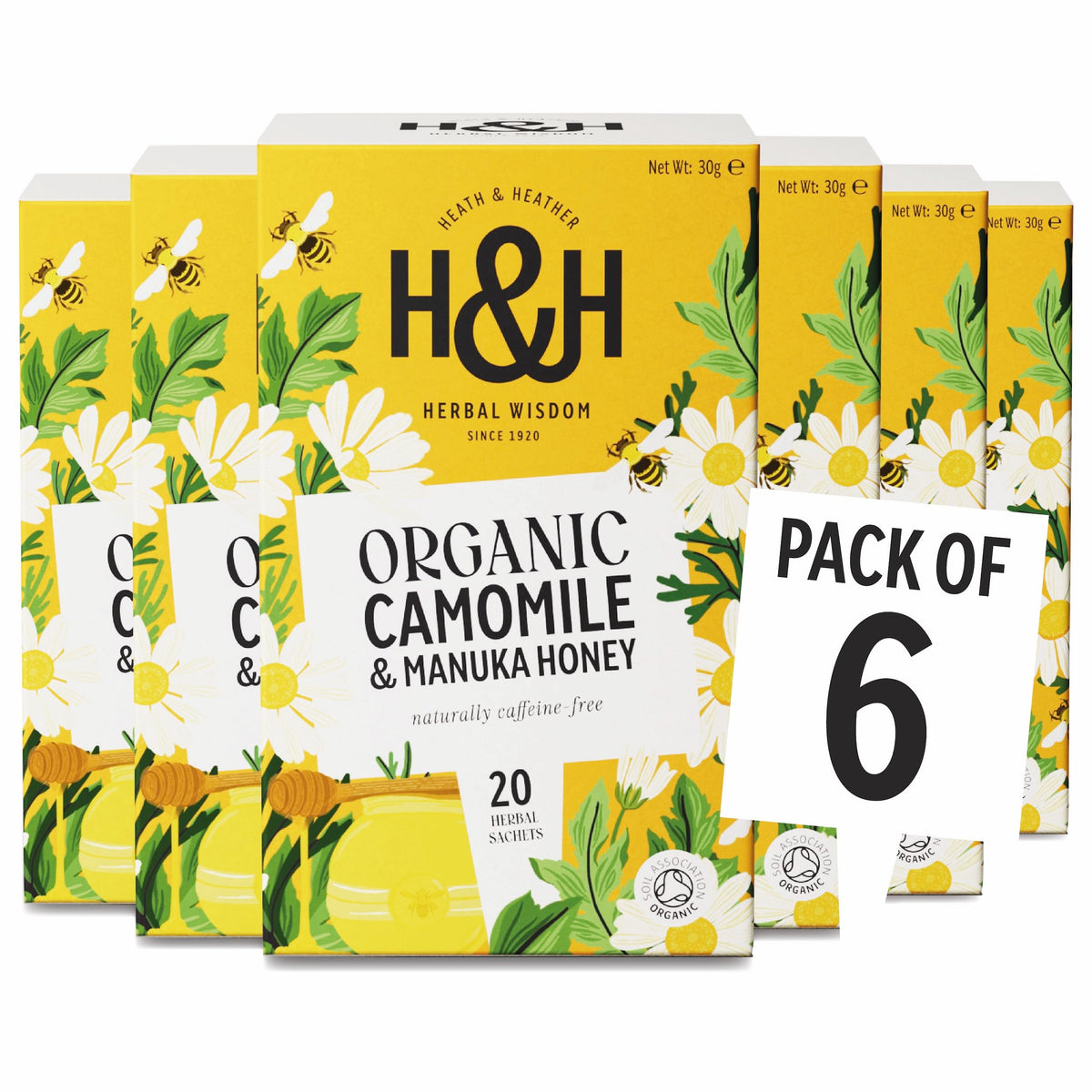 Heath & Heather Organic Camomile with Manuka Honey Herbal Tea - 20 Count (Pack of 6) | Caffeine-Free | Promotes Relaxation